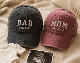 Custom Mom Dad Est 2026 Hats, Personalized Pregnancy Announcement Caps, Baby Reveal Embroidered New Parents Gift