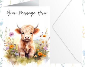 Biglietto d'auguri con mucca delle Highlands: fascino rustico, opzione personalizzata