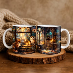 Förtrollad biblioteksräv och uggla-mugg, mysig bokälskaremugg, fantasifönster med målat glas och vilda djur
