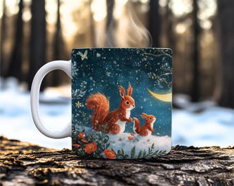 May include: White ceramic mug featuring a whimsical illustration of two red squirrels on a snowy cloud under a crescent moon. The design includes orange flowers and a butterfly against a dark blue night sky. Steam rises from the mug.