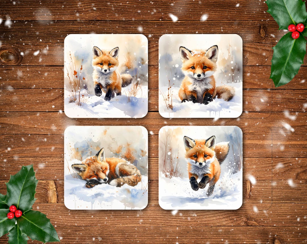 Winter Fox Coasters Set: Snowy Woodland Scene - Handmade in UK - Etsy