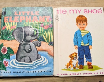 1950's Rand McNally Elf Books, Tie My Shoe, Little Elephant,  Vintage Children's Books