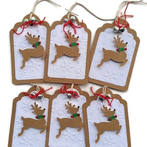Reindeer jingle bell Christmas tags, 6 winter holiday tags, rustic gift tags, junk journal tags, gift tags, kraft or red options