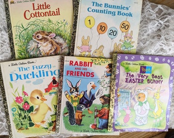 Little Golden books, Little Cottontail, The Fuzzy Duckling, Rabbit and his friends, Very best Easter bunny, Bunny Counting book
