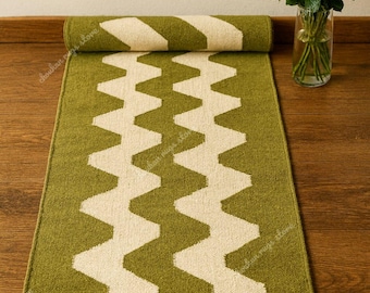 Handwoven Wool Jute Stairs Runner Rug: Earthy Green, Custom Size