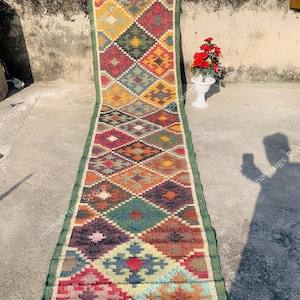 Handwoven Wool Jute Kilim Runner Rug: Bohemian Stair Rug