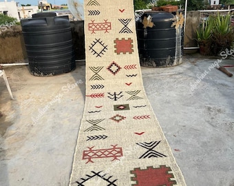 Handwoven Wool Jute Kilim Runner Rug: Geometric Indian Design