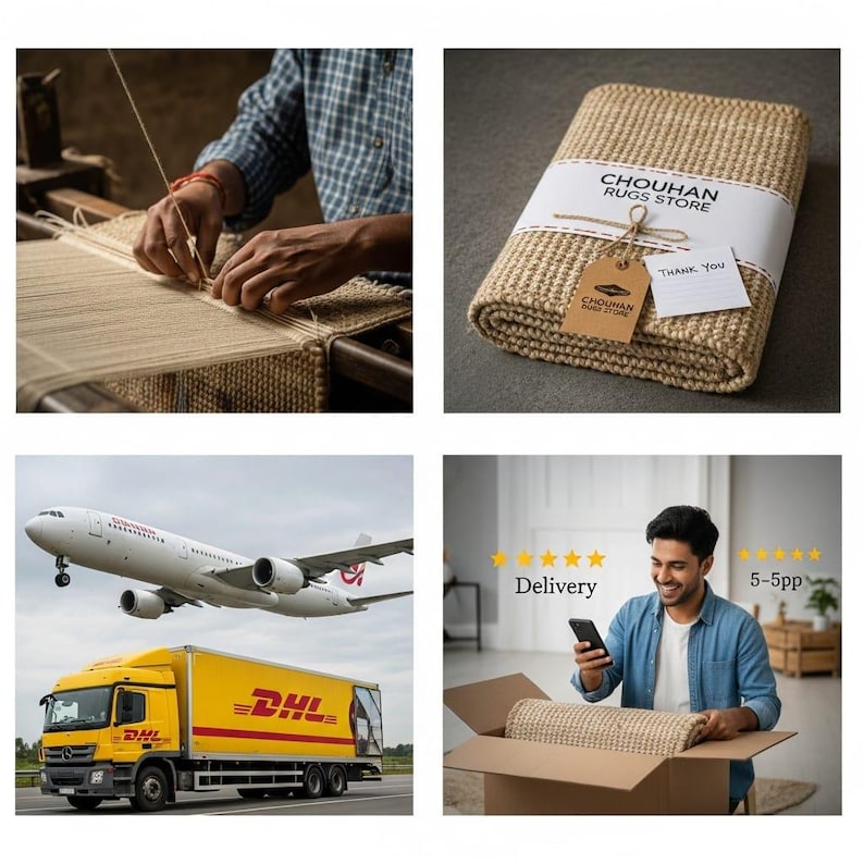 May include: A woven rug from Chouhan Rugs Store, wrapped and ready for delivery. The image shows the rug being made, packaged, and delivered by DHL. A customer is shown receiving the rug and looking at his phone.