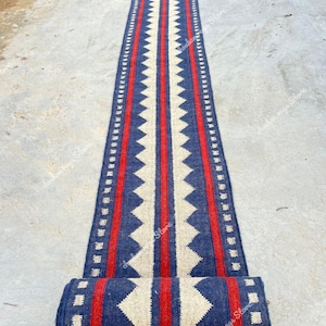 Handwoven Wool Jute Kilim Runner Rug: Bohemian Stair Carpet