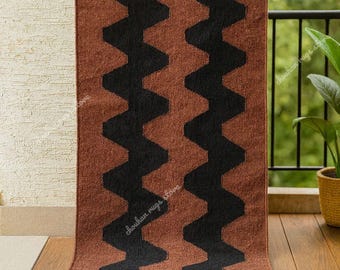 Handwoven Wool Kilim Runner: Earthy Brown Striped Stair Rug