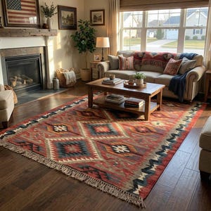 Puede incluir: Salón con una gran alfombra estampada en tonos rojos, azules y beige. La alfombra está colocada sobre un suelo de madera oscura, con un sofá, una mesa de centro y una chimenea visibles al fondo. La habitación está bien iluminada.