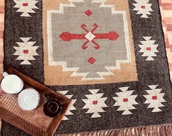 Ręcznie robiony bieżnik na schody kilim | Mieszanka wełny jutowej w stylu vintage azteckim