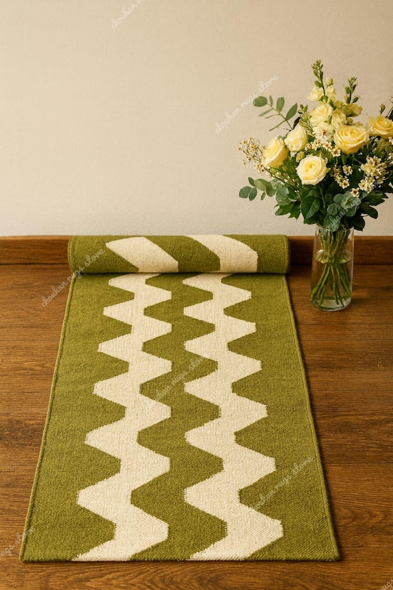 Handwoven Wool Jute Stairs Runner Rug: Earthy Green, Custom Size