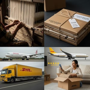 May include: A collage of images showing rug production, packaging, and delivery. One image shows a person weaving a rug. Another shows a stack of rugs in a box with a tag that says "Thank Your Store". Other images show airplanes and a DHL truck.