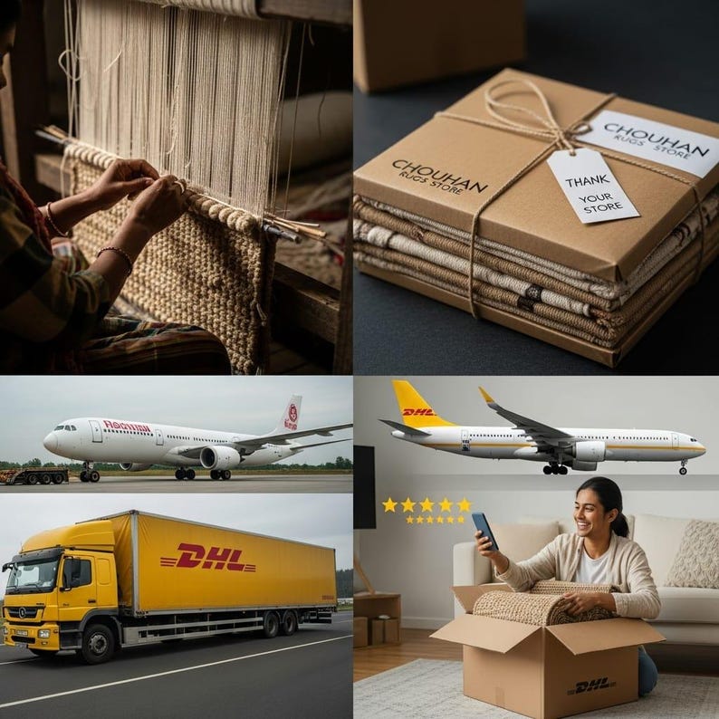 May include: A collage of images showing rug production, packaging, and delivery. One image shows a person weaving a rug. Another shows a stack of rugs in a box with a tag that says "Thank Your Store". Other images show airplanes and a DHL truck.