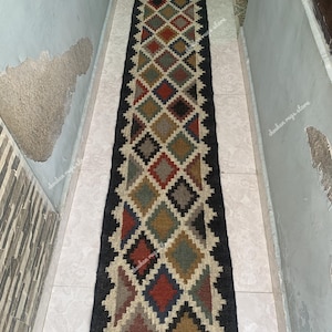 Wool Jute Kilim Runner Rug: Handwoven Bohemian Hallway Decor