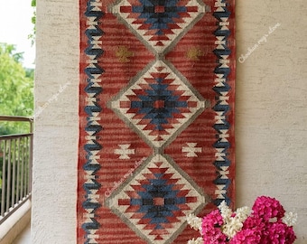 Handwoven Wool Jute Kilim Runner Rug: Geometric Indian Design