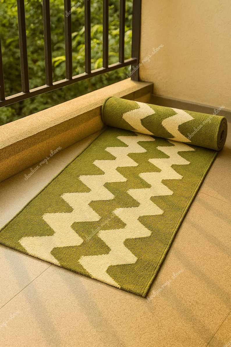 May include: A green and cream-colored rug with a zigzag pattern. The rug is rectangular and partially rolled up, with the rolled portion resting on the floor. The rug is made of a soft material and is suitable for indoor or outdoor use.