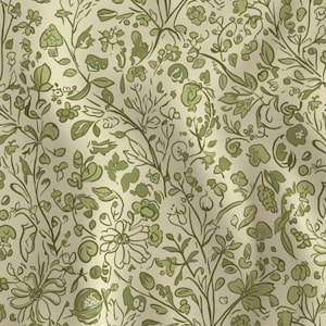 Soft Green Botanical Cottagecore Fabric: Vintage Floral Material With Vines