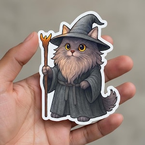 Cute Cat Gandalf Kiss-Cut Sticker | Lord of the Rings Funny Cat Decal | LOTR Wizard Kitten Fan Art Laptop Water Bottle Sticker