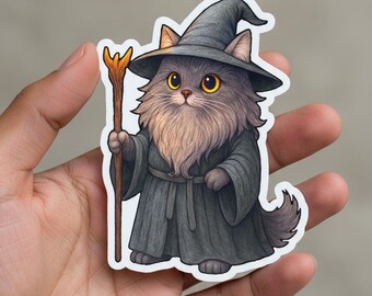 Cute Cat Gandalf Kiss-Cut Sticker | Lord of the Rings Funny Cat Decal | LOTR Wizard Kitten Fan Art Laptop Water Bottle Sticker