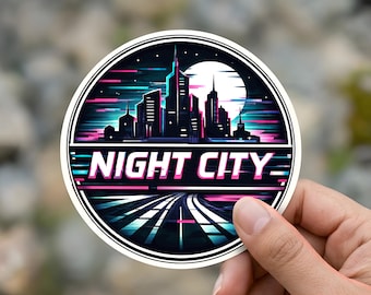 Night City Travel Sticker | Cyberpunk 2077 Decal | Retro Future Travel Art | Neon City Souvenir | Edgerunners Inspired Gift