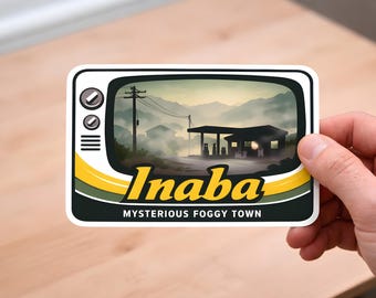 Inaba Travel Sticker | Persona 4 Inspired Decal | Yasogami High Souvenir | Rural Japan Foggy Town Art | Vintage Style Gaming Laptop Sticker
