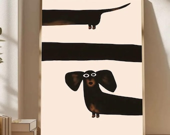 May include: A framed art print featuring a whimsical illustration of two dachshund dogs. The dogs are depicted in black and brown against a cream background, with a black horizontal stripe. The artwork has a minimalist, modern style.