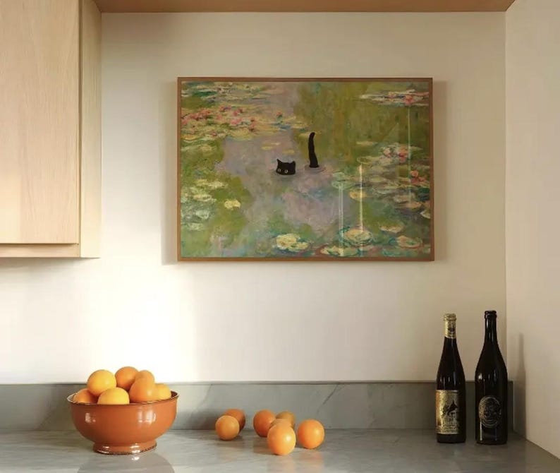 Monet Water Lilies Cat Art Poster Print | Claude Monet Lilies, Cute Pet ...
