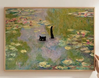 Monet Water Lilies Cat Art Poster Print | Claude Monet Lilies, Cute Pet Decor | Kids Room Wall Art | Cat Lover Gift |