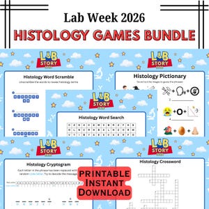 May include: A collection of histology games for Lab Week 2026, featuring word scrambles, pictionary, word searches, cryptograms, and crosswords. The games have a blue background with star motifs and are available as a printable instant download.