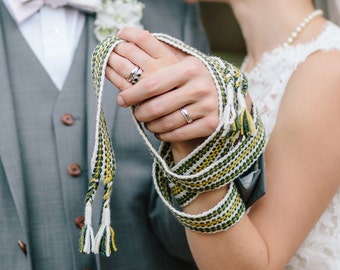 Cordón de boda celta irlandés para ceremonias de matrimonio, lana Aran, verde y dorado.
