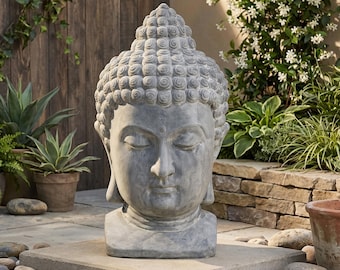 Estatua de cabeza de Buda meditando de 47 cm (18,5 pulgadas), decoración para jardín zen, escultura para patio exterior, resina de imitación de piedra gris, arte budista asiático