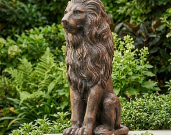 Estatua de jardín de león sentado de bronce de 71 cm de altura, escultura de león guardián de piedra de óxido de magnesio para exteriores, entrada, patio o decoración.