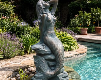 Estatua de sirena de 68 cm / Decoración de diosa marina en verde verdigrís / Estatua náutica para jardín / Decoración costera para exteriores / Regalo de sirena