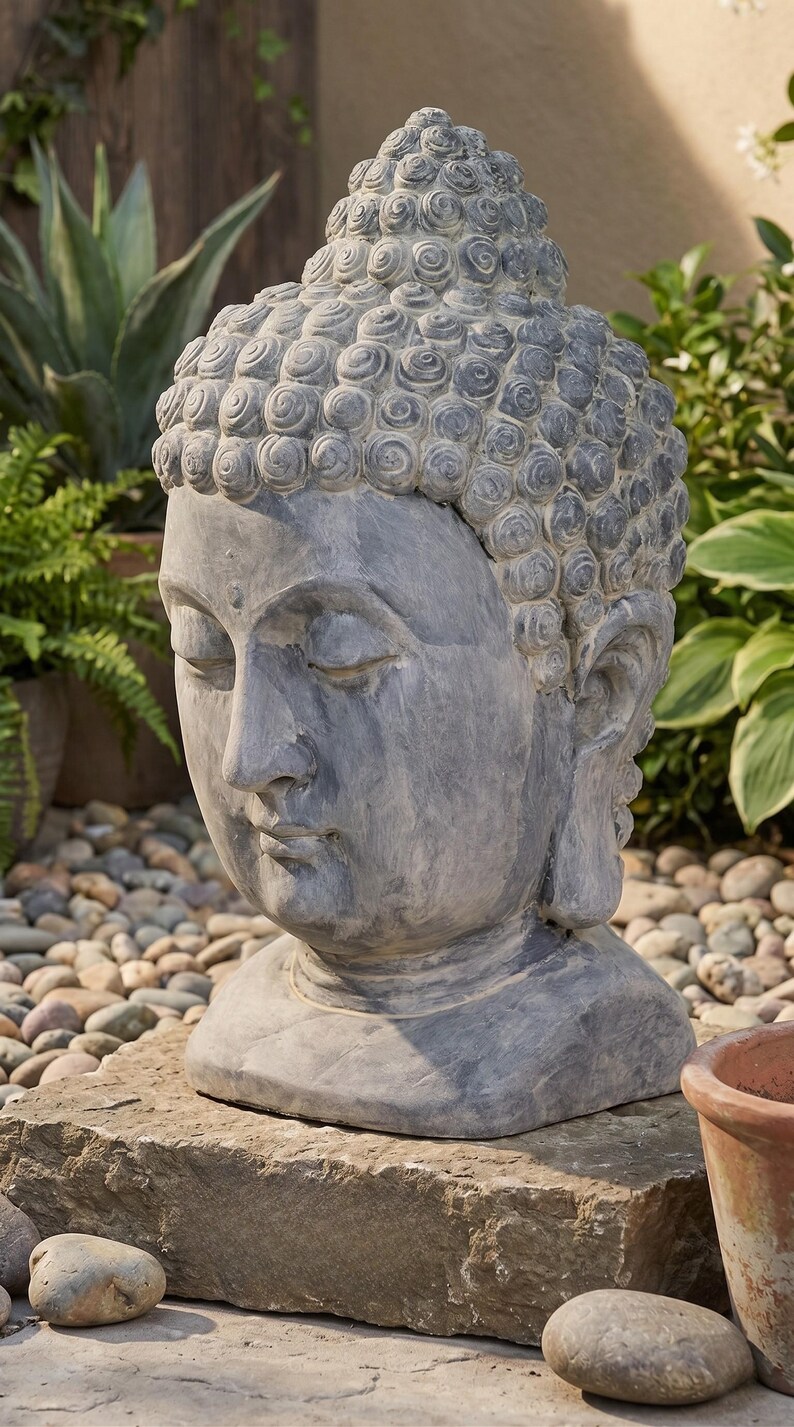 18.5 Inch Meditating Buddha Head Statue Zen Garden Decor Outdoor Patio ...