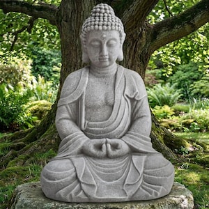 May include: A gray stone-colored statue of a seated Buddha figure in a meditative pose. The figure features a textured surface, a traditional ushnisha on the head, and draped robes covering the body, with hands resting in the lap in a mudra position.