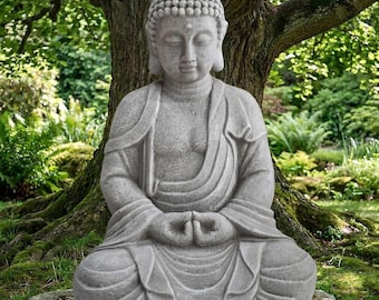 Estatua de Buda grande de 20 pulgadas para jardín, color gris, decoración para exteriores / Escultura de Buda meditando para patio / jardín y césped zen.