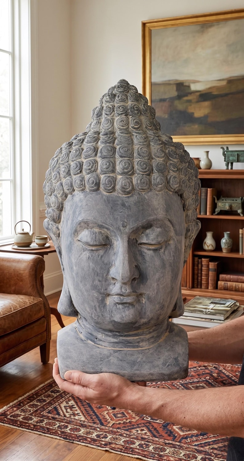 18.5 Inch Meditating Buddha Head Statue Zen Garden Decor Outdoor Patio ...