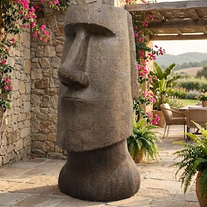 Può includere: Una grande scultura testurizzata color pietra marrone che raffigura una testa di Moai. La statua presenta un naso prominente, una linea sopraccigliare dritta e una mascella definita, imitando le classiche figure umane monolitiche dell'Isola di Pasqua.