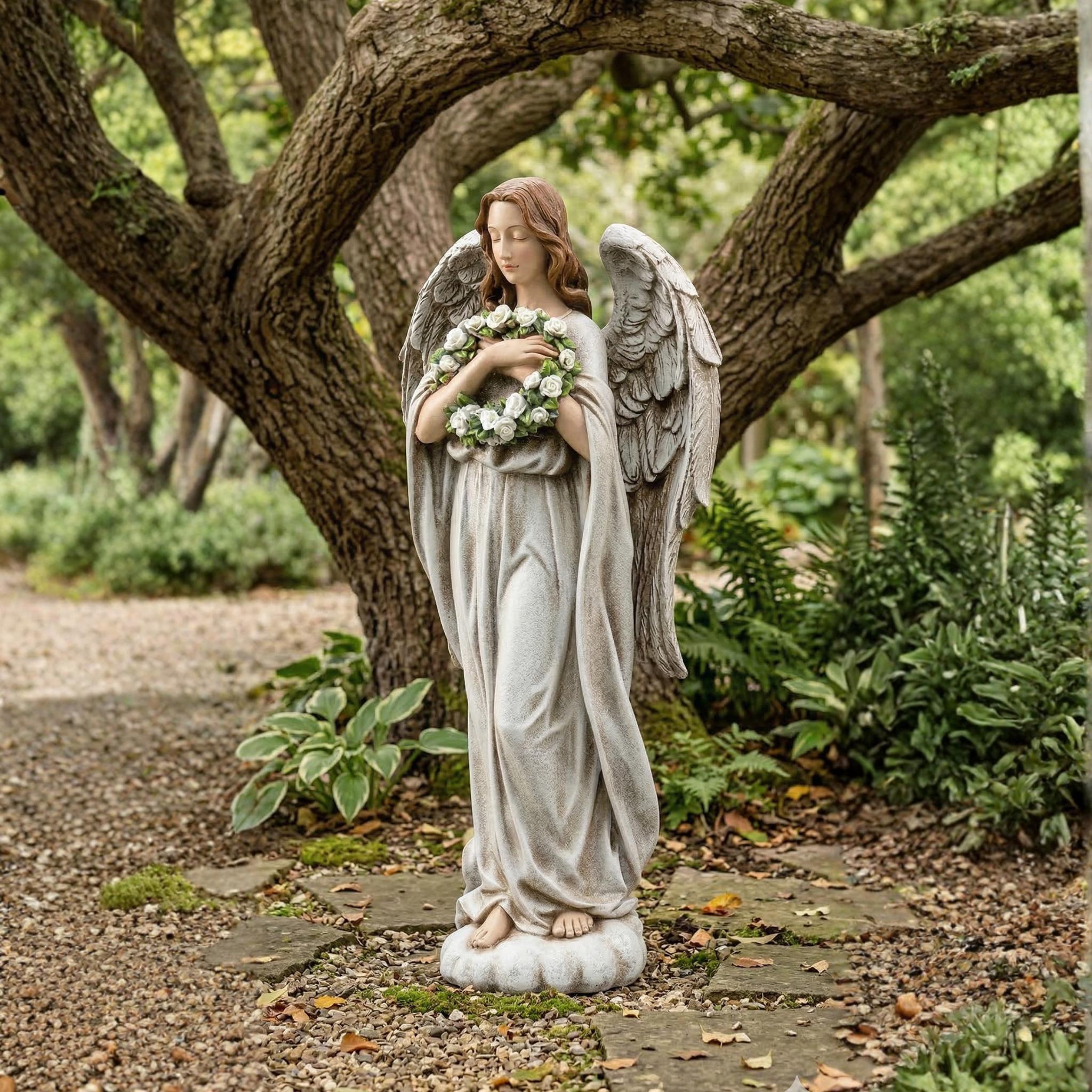 16 Inch Garden Angel Statue With Flower Wreath | Outdoor Memorial Angel ...