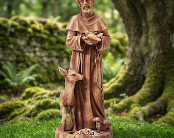 Estatua de San Francisco de 63,5 cm (25 pulgadas) para jardín con comedero para pájaros. Escultura de santo católico para exteriores, patio, jardín, decoración del hogar.