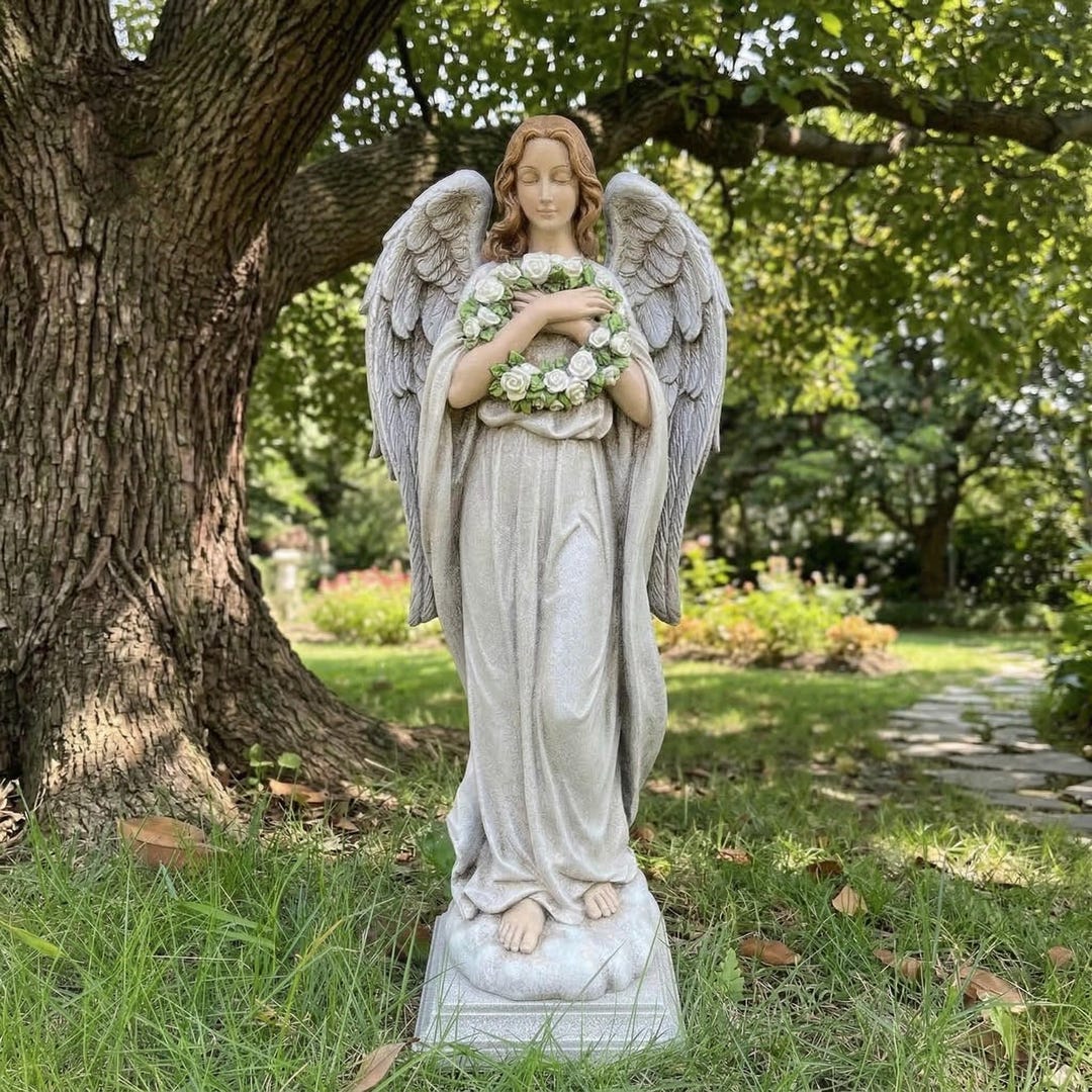 16 Inch Garden Angel Statue With Flower Wreath | Outdoor Memorial Angel ...