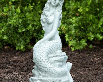 Estatua de sirena para jardín de 20 pulgadas, escultura grande de sirena de resina, decoración para patio, piscina, figura de hada náutica, adorno costero.