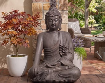 Estatua grande de Buda sentado de 107 cm / Escultura para jardín zen exterior / Decoración de meditación en resina gris para patio / porche exterior / jardín