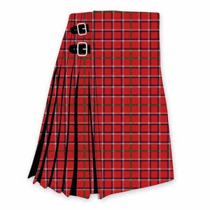 May include: A red tartan kilt with a classic plaid pattern. The kilt features black leather straps with silver buckles for closure. The traditional Scottish garment is pleated and has a rectangular shape.