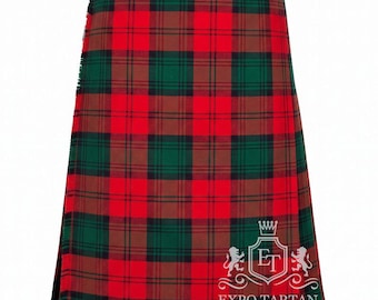 May include: A kilt featuring a vibrant red, dark green, and black tartan plaid pattern. The garment has a structured waistband and pleated sides. A white logo with the text EXPO TARTAN and a shield emblem is visible in the bottom right corner.