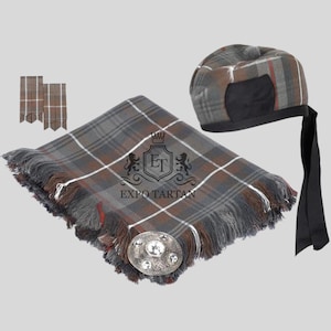 Kilt Accessories Package Tartan Fly Plaid - Brooch Pin - Glengarry Hat - Pair of Flashes. Tartan Fly Plaid size 48 x 48 in.