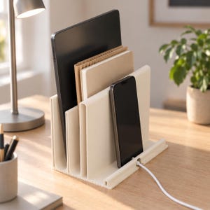 Könnte beinhalten: Ein cremefarbener Schreibtisch-Organizer aus Kunststoff mit drei vertikalen Fächern, in denen ein schwarzes Tablet, ein Notizbuch mit Spiralbindung und ein Smartphone stehen. Der Organizer hat eine integrierte Kabelführung für ein Ladekabel.