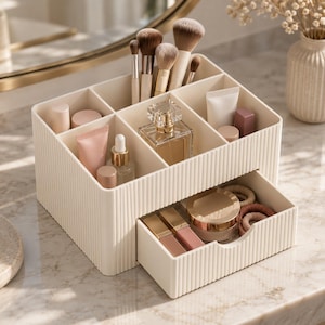 Organizador de maquillaje con cajón | Almacenamiento de cosméticos acanalado bicolor | Organizador para tocador y baño | Impreso en 3D en Alemania